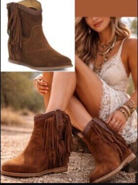 LUCCHESE Martina Suede Western Fringe Wedge Booties Brown SZ 8.5 NWOT